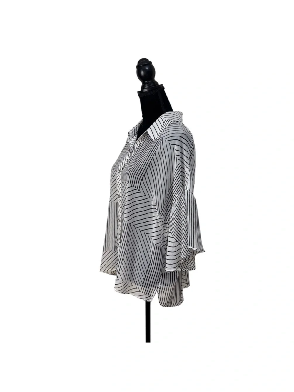 CABi contemporary white black striped button down blouse bell sleeve size large - Picture 3 of 13